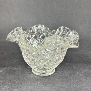 Vtg Fenton Bowl Vase Clear Crystal Ruffled Edge Fine Cut Block Pattern #9127 80s